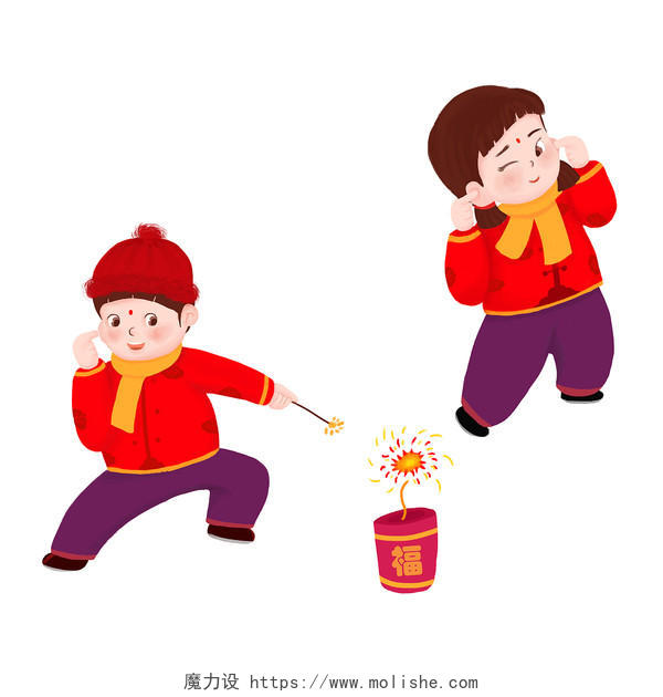 小朋友放鞭炮小孩卡通过年传统习俗放鞭炮元素春节新春过年过年习俗放鞭炮元素